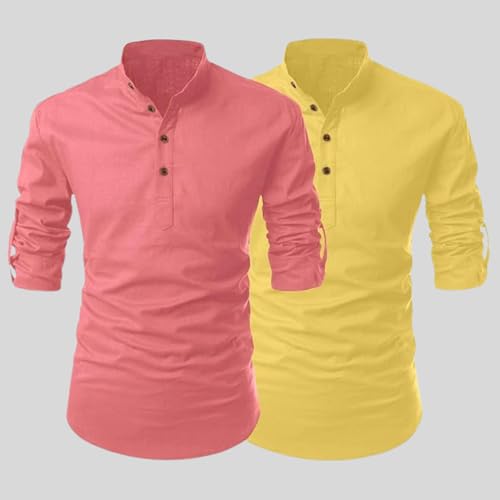 Image of FINIVO FASHION Combo of Men's Cotton Blend Solid Regular Fit Full Sleeve Straight Short Kurta Shirt, Casual and Formal Wear