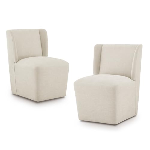 Image of KISLOT Upholstered Dining Chairs Set of 2 with Casters, Wingback Modern Side Armless Deskchair with Rollers for Diningroom Bedroom Livingroom Reading Room, Cream Beige Fabric