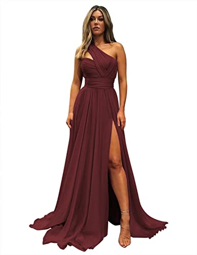Elegant Green One Shoulder Prom Dresses 2023 Long With Pockets Chiffon Pleated A-Line Formal Gowns For Party With Slit Size 12 #TOP4