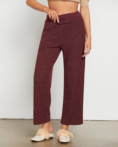 GRAPENT Ribbed Wide Leg Pants Woman High Waisted Pull On Lounge Fleece Knit Fall Smocked Elastic Waist Pants with Pocket3