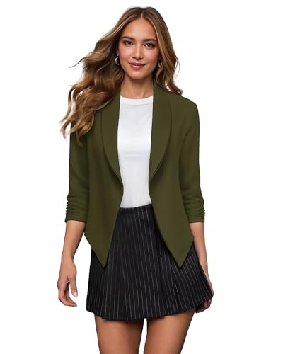 Hybrid & Company Lightweight Open Front Cardigan Classic Ruched Sleeve Work Office Blazer Suit Jackets JK1133 Olive XLarge