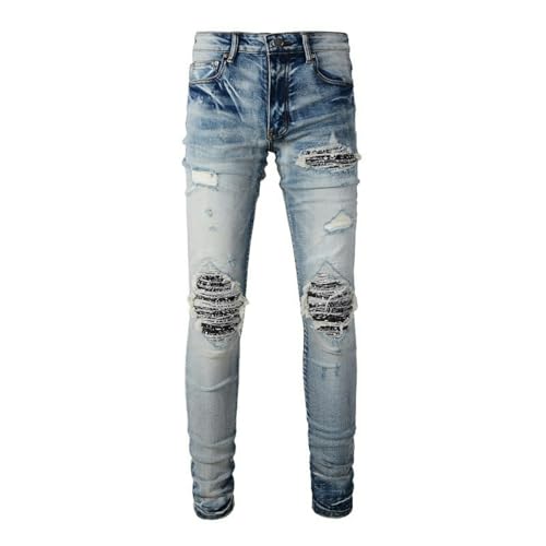 Jeans Pants Trousers Denim Men Wrinkle Worn Hole Street Trendy Water Washed Blue Grinding Fading Elastic Tight Stretch Slim Fit Casual Small Leg(Light Blue,33)2