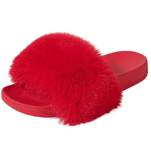 Women's Furry Slides Faux Fur Slides Fuzzy Slippers Fluffy Sandals Open Toe Cute Fur Slippers Slip On Fuzzy Slippers (Red,6.5-7)