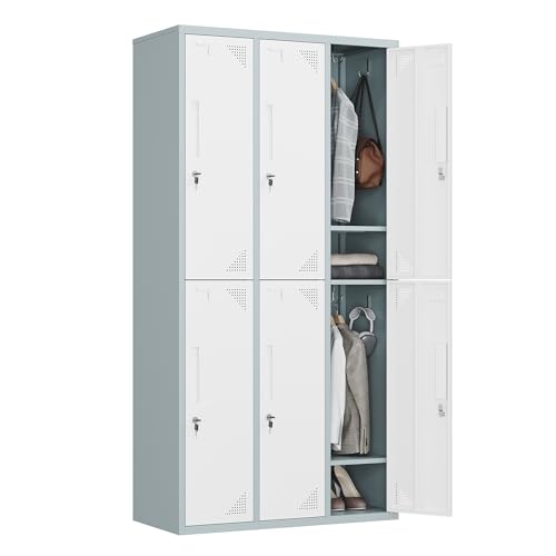 STANI Metal Lockers for Employees with Lock, 71" Tall Steel Storage Locker with Shelves, Lockable Steel Cabinet for School Gym Office Garage (Grey White, 6 Doors)