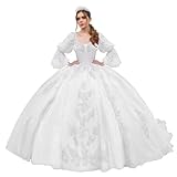 Mauuwy Off The Shoulder Puff Sleeve Quinceanera Dresses Ball Gown Beading Crystal Tull Corset White Sweet 16 Vestidos para XV Anos with Bow Size 20 Plus