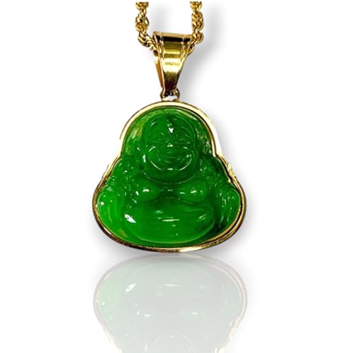 Laughing Buddha White Jade Pendant Necklace – 14k Gold Plated Rope Chain, Certified Grade A Jadeite, Handcrafted Iced Diamond Buddha, Healing Obsidian Prayer Jewelry