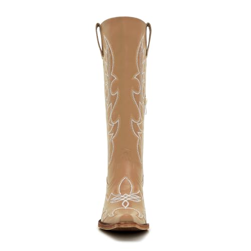 Image of Uillnoodu Women's Turquoise Cowgirl Boots - Wide Calf Mid Calf Western Boots Plus Size Embroidered Cowboy Style with Block Heel