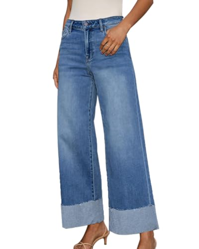 Women's High Waisted Wide Leg Jeans Stretch Frayed Raw Hem Straight Leg Boyfriend Cuffed Jeans Trendy 20254