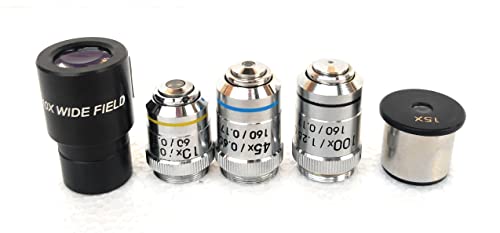 GLAB Complete Lens Optics Set | 3 Microscope Objectives (10X, 45X S.L, 100X Oil Immersion) + 2 Eyepieces (10X WF, 15X) | High-Precision Optical Lens Kit for Laboratory, School & Research Microscopes