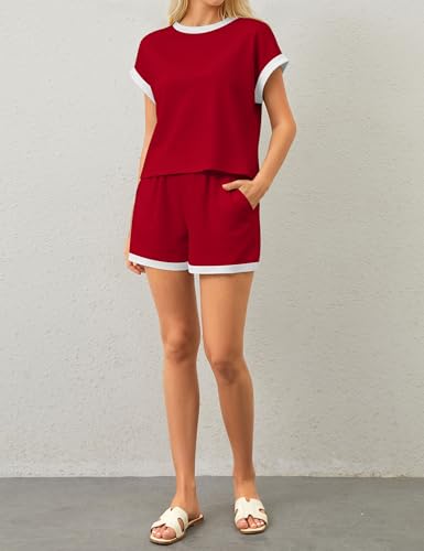Image of MISSACTIVER 2 Piece Lounge Set Women Stripe Knit Short Sleeve Tee Shirts Shorts Casual Summer Loungewear Shorts Sets