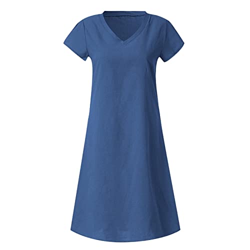 Casual Spring Dress Women Plus Size Cotton Linen Dress Summer Solid Short Sleeve Shirt Dress Loose V-Neck Vacation Beach Dress Sundress Outlet Blue 3X - Image 4