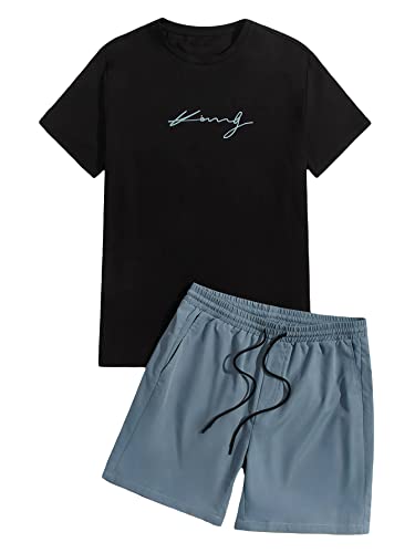 Gorglitter Men's 2 Piece Tracksuit Letter Graphic Short Sleeve Round Neck Tee And Drawstring Pockets Shorts Set Black And Blue Medium #TOP7