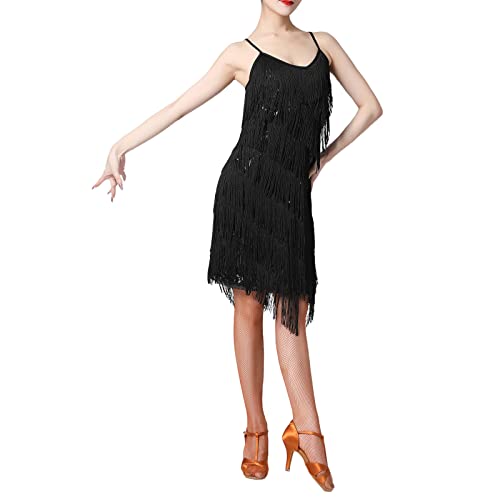 Foto von 20er Jahre Kleid Frauen Damen Vintage Retro Flapper Gatsby Glitzer Pailletten Fransenkleid 1920er Hochzeit Party Charleston Kostüm Spaghettiträger Sexy Minikleid Kurz Latein Tanzkleid Schwarz M