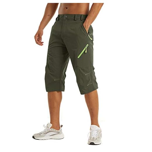 KEFITEVD Herr nedan knäshorts snabbtorkande 3/4 vandring långa promenadshorts sommar tunn kapris med 4 blixtlåsfickor Armégrönt 34
