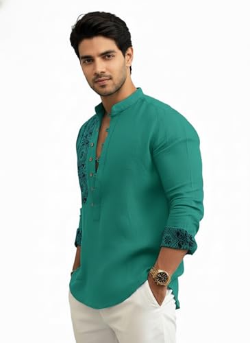 Image of Amazon Brand - INKAST Men's Cotton Blend Mandarin Collar Self One Design Full Sleeve Casual Short Kurta