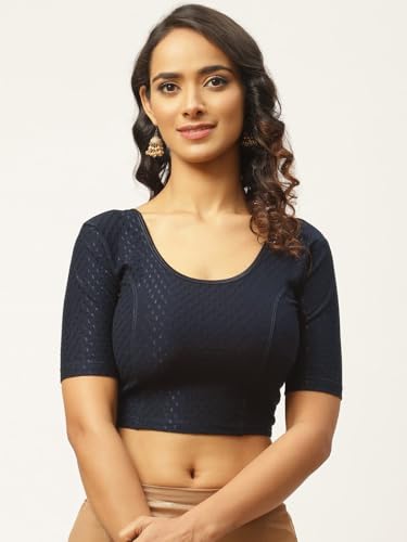 Image of Fressia Fabrics Pure Cotton 4-Way Stretch Readymade Blouse for Women | Free Size to 4XL Stretchable Round Neck Dobby Cotton Half Sleeve Readymade Saree Blouse for Women Stylish