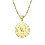 Collar de Medallón de Oro de Doble Cara Cristiano, Colgante de Acero Titanio con Manos en Oración, Oración de Serenidad (Frente) y Oración del Señor (Reverso), Joyería Religiosa