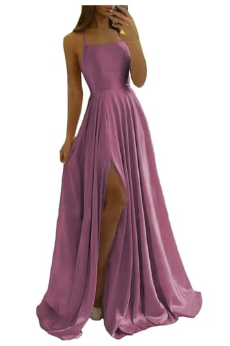 Image of Women Long Formal Dress Solid Satin Spaghetti Straps A Line Evening Cocktail Dresses with Slit
