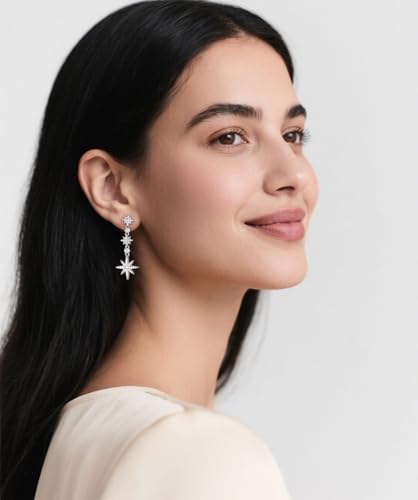 TIGRADE Wedding Earrings for Brides Bridesmaids Silver Star Hexagonal Snowflakes Dangling Cubic Zirconia 925 Sterling Silver Post Earrings for Women Prom4