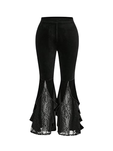 Verdusa Women's Plus Size Ruffle Trim Lace Velvet Pants Elastic Waist Wide Leg Palazzo Pants