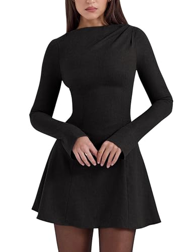 YMDUCH Women's Sexy Long Flare Sleeve Boat Neck A-Line Casual Mini Party Club Dress