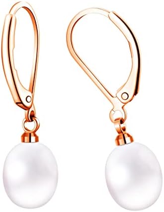 Galeuneon Handpicked Pearl Earrings 18k Gold Plated Leverback Dangle Stud Pearl Earrings Jewelry Gift for Women Girls, Rose Gold