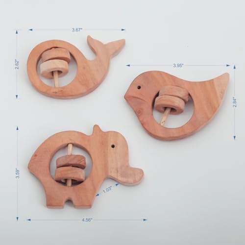 Image of Natural Neem Wood Baby Teether - Handmade Animal Shape Wooden Toy - Non-Toxic, Organic Chew Aid for Teething - Safe for Gums - Biodegradable, Eco-Friendly Gift for Infants & Toddlers (Neem Wood Baby Teether Set -3)