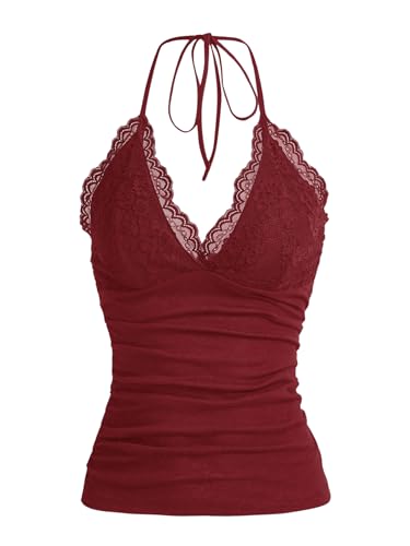 GORGLITTER Damen Y2k Camisole Trägertop Crop Top Neckholder Oberteil Halter Tops mit Kontrast Spitze Bordeaux L