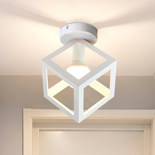 iDEGU Lampada da Soffitto Moderna a Forma di Gabbia Cubo Geometrico Plafoniera Vintage E27 illuminazione per Camera da Letto, Soggiorno, Ristorante,16 cm, Bianco