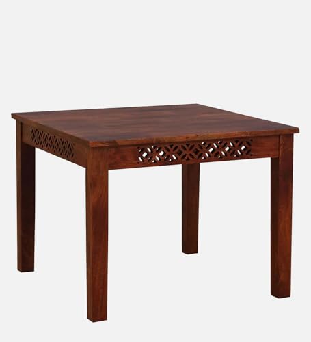 Image of Sheesham Wood 4 Seater Dining Table with 2 Cushion Chairs and 1 Bench for Living Room Home Office Dining Room Rectangular CNC Dinner Table - (Honey Finish) |
