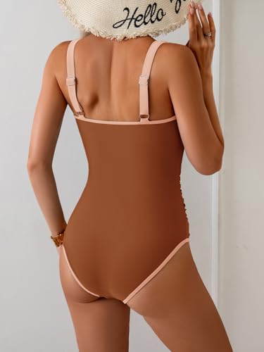 Image of B2prity One Piece Swimsuit for Women Tummy Control Ruched Slimming Bathing Suit Button Full Coverage Swimwear