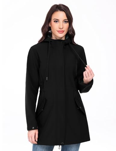 Yuson Girl Softshelljacke Damen Regenjacke Wasserdicht Windbreaker Gefütterte Softshellmantel Übergangsjacke Leicht Atmungsaktiv Wanderjacke Fleece Outdoorjacke Regenmantel mit Kapuze(Schwarz, L)