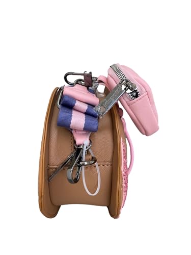 Betsey Johnson Kitsch XO FAN Brown Faux Leather Sports Football White Glitter Star Pink Embroidered Cheerleader Helmet Patches Detail with Removable Pink Zipper Pouch Crossbody Shoulder Bag Handbag3