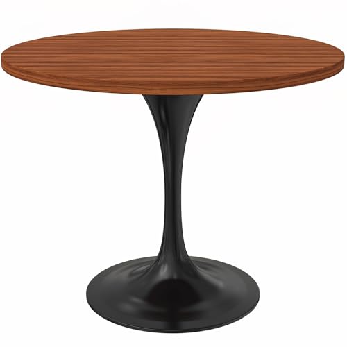 LeisureMod Verve Mid-Century Modern Dining Table with a 36 Inch Round MDF Tabletop and Black Steel Pedestal Base for Kitchen and Dining Room (Cognac Brown)
