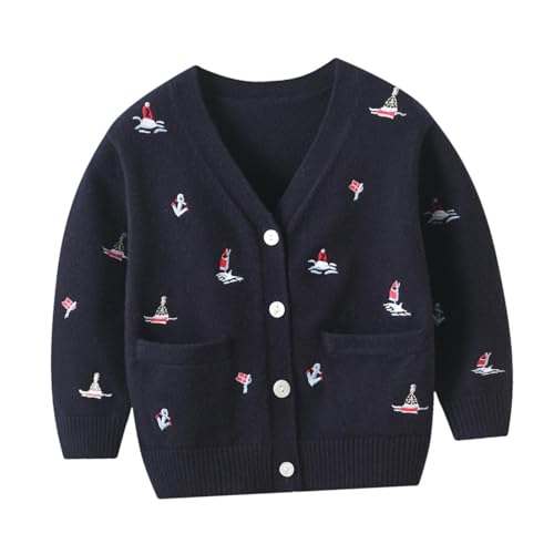Kids Knit Cardigan with Sailboat Embroidery Stylish Long Sleeve Sweater for Boys and Girls 2-4 Years 120cm Blue