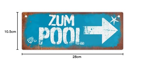 Zum Pool Pfeil rechts Metallschild L in 10,5x28cm in Rostoptik