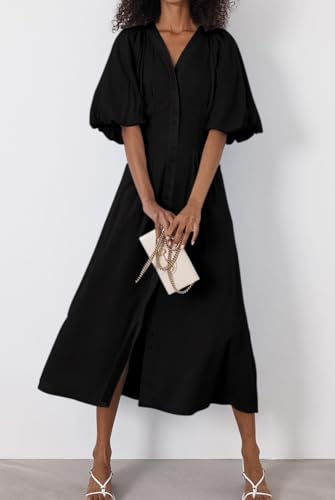Image of chouyatou Women Summer Puff Sleeve Button Down Shirt Dress Flowy Elegant Business Casual Midi Long Dress