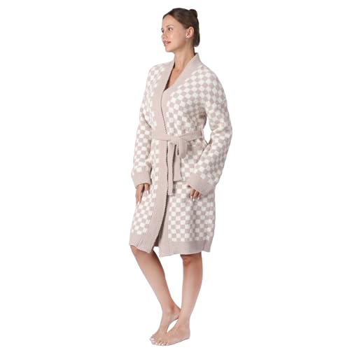 bearberry Checkerboard Robe Cozy Lightweight Soft Plush Robe Hoodless Sleepwear Nightgown with Pockets for Women2