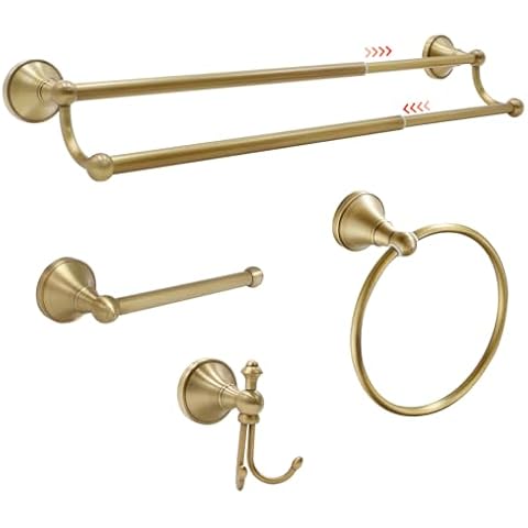 4 Piece Antique Brass Gold Bathroom Towel Bar Set - Toocust 16"-27.7" Adjustable Towel Bar, Wall Mounted Antique Brass Bathroom Hardware, Antique Brass Towel Holder Cover