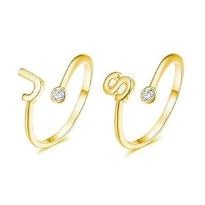 2 PCS 14K Gold Plated Initial Rings for Women | Adjustable Open Ring | Cubic Zirconia Letter Initial Ring | Stackable Rings for Women
