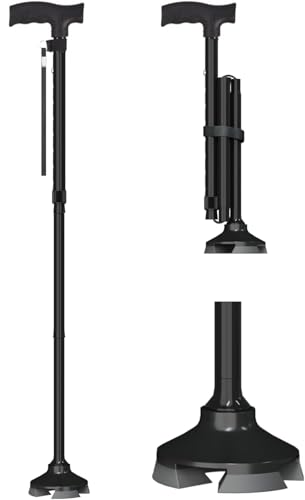 Foldable Walking Cane Aluminium Collapsible Design with 4-Prong Base Adjustable Height 29-36 Free-Standing