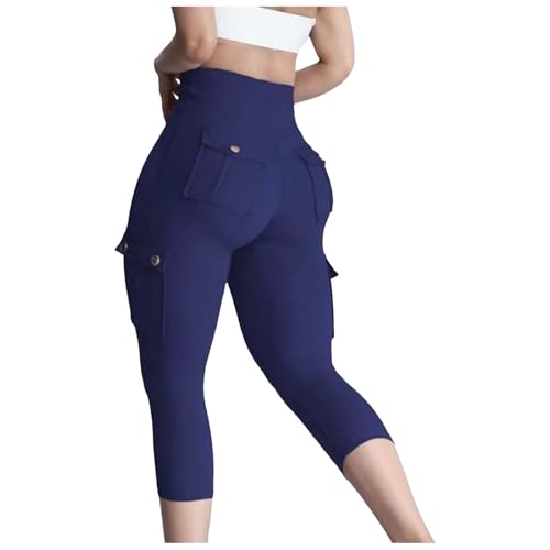 Generisch Sports Leggings Women's Elastic Sports Trousers Women's Cargo Capri Leggings with Pockets High Waist Scrunch Butt Lifting Workout Running Trousers Calf Length Trousers