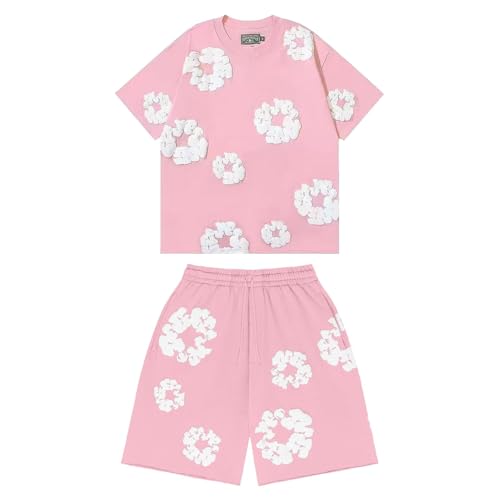 Conjunto para Unisex Estampado Floral, Conjunto Hombre Mujer de 2 Piezas Traje de Jogging de Verano Y2K Camiseta de Manga Corta Pantalones Cortos Hip Hop Chándal
