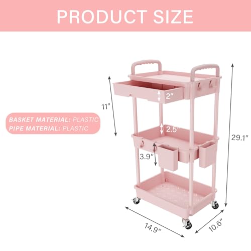 Image of REBECAT 3 Tier Rolling Utility Cart with Drawer,Storage Cart,Rolling Cart for Kitchen,Bathroom,Living Room,Storage Organizer with Iron Wheels(Pink