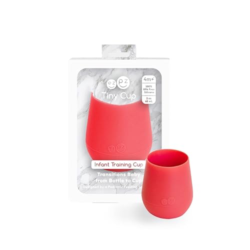 Image of ezpz Tiny Cup (Coral) - 100% Silicone Training Cup for Infants - 4 months + - Designed by a Pediatric Feeding Specialist - Baby-led Weaning Essentials & Baby Gifts