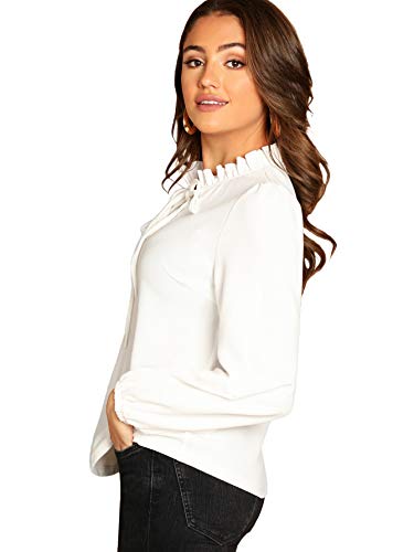 SheIn Women's Bow Tie Neck Ruffle Long Sleeve Elegant Shirt Blouse Top Large White