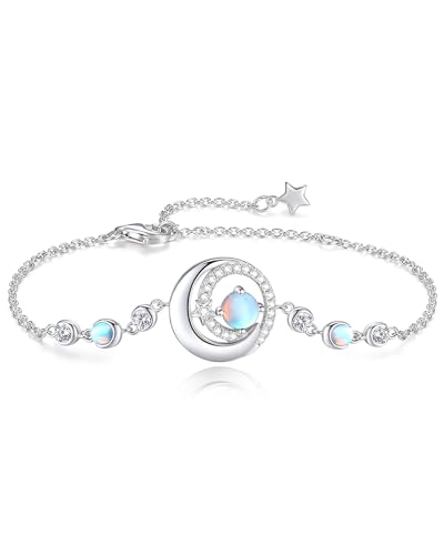 FANCIME Moonstone Bracelet June Birthstone Bracelets for Women Sterling Silver Moon and Star Gemstone Jewelry Birthday Graduation Mothers Day Gifts for Women Mom Her