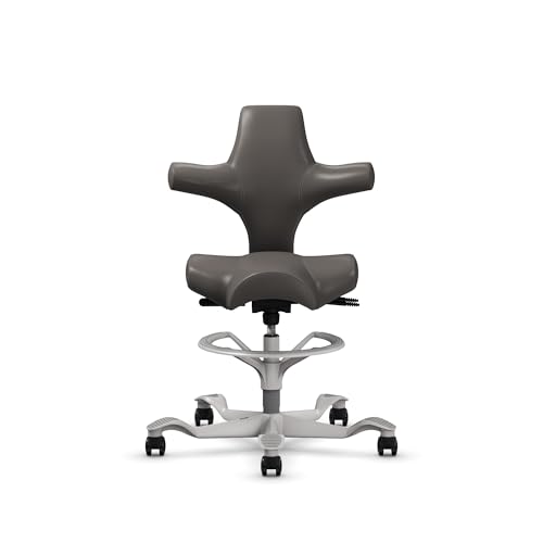 Image of HAG Capisco Sit to Stand Chair-Silver Frame-Upholstered Gray Ash Vinyl-with Foot Ring