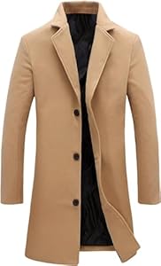 Springrain Herren Wollmischung Erbsenmantel gekerbter Kragen Einreiher Mantel Warm Winter Trenchcoat, Khaki, M