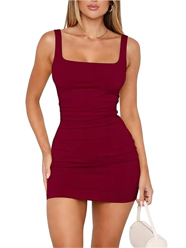 ForeFair Womens Summer Tank Mini Dress Square Neck Sleeveless Ruched Bodycon Double Lined Party Club Casual Going Out Dresses(L,Burgundy)